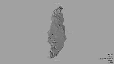 Golan bölgesi, İsrail bölgesi, jeoreferatlı bir sınır kutusunda sağlam bir arka planda izole edilmiş. Etiketler. Çift seviyeli yükseklik haritası. 3B görüntüleme