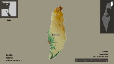 İsrail 'in Golan ilçesi ve başkenti. Uzaklık ölçeği, ön gösterimler ve etiketler. Topografik yardım haritası. 3B görüntüleme