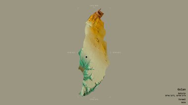 Golan bölgesi, İsrail bölgesi, jeoreferatlı bir sınır kutusunda sağlam bir arka planda izole edilmiş. Etiketler. Topografik yardım haritası. 3B görüntüleme