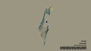 Başkenti, ana bölgesel bölünmesi ve ayrılmış Golan bölgesi ile İsrail 'in dejenere edilmiş şekli. Etiketler. Topografik yardım haritası. 3B görüntüleme