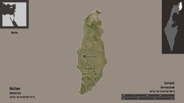 İsrail 'in Golan ilçesi ve başkenti. Uzaklık ölçeği, ön gösterimler ve etiketler. Uydu görüntüleri. 3B görüntüleme