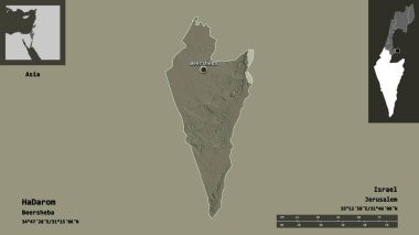 İsrail 'in HaDarom ilçesi ve başkenti. Uzaklık ölçeği, ön gösterimler ve etiketler. Renkli yükseklik haritası. 3B görüntüleme