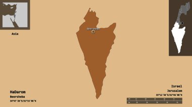 İsrail 'in HaDarom ilçesi ve başkenti. Uzaklık ölçeği, ön gösterimler ve etiketler. Desenli dokuların bileşimi. 3B görüntüleme