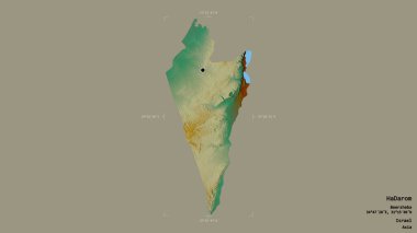 HaDarom bölgesi, İsrail bölgesi, jeoreferatlı bir sınır kutusunda sağlam bir arka planda izole edilmiş. Etiketler. Topografik yardım haritası. 3B görüntüleme