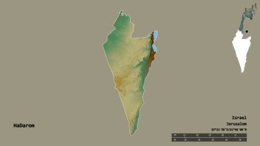 İsrail 'in HaDarom semti, başkenti sağlam arka planda izole edilmiş. Uzaklık ölçeği, bölge önizlemesi ve etiketleri. Topografik yardım haritası. 3B görüntüleme