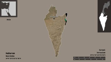 İsrail 'in HaDarom ilçesi ve başkenti. Uzaklık ölçeği, ön gösterimler ve etiketler. Uydu görüntüleri. 3B görüntüleme