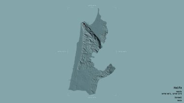 Hayfa bölgesi, İsrail bölgesi, jeoreferatlı bir sınır kutusunda sağlam bir arka planda izole edilmiş. Etiketler. Renkli yükseklik haritası. 3B görüntüleme