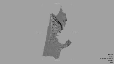 Hayfa bölgesi, İsrail bölgesi, jeoreferatlı bir sınır kutusunda sağlam bir arka planda izole edilmiş. Etiketler. Çift seviyeli yükseklik haritası. 3B görüntüleme