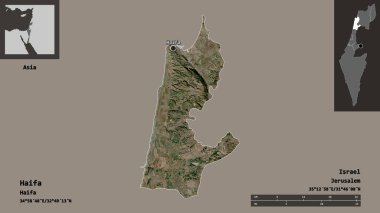 Hayfa 'nın şekli, İsrail bölgesi ve başkenti. Uzaklık ölçeği, ön gösterimler ve etiketler. Uydu görüntüleri. 3B görüntüleme