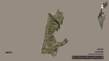 İsrail 'in Hayfa ilçesi, başkenti sağlam arka planda izole edilmiş. Uzaklık ölçeği, bölge önizlemesi ve etiketleri. Uydu görüntüleri. 3B görüntüleme