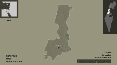 İsrail 'in HaMerkaz ilçesi ve başkenti. Uzaklık ölçeği, ön gösterimler ve etiketler. Renkli yükseklik haritası. 3B görüntüleme