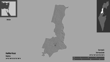 İsrail 'in HaMerkaz ilçesi ve başkenti. Uzaklık ölçeği, ön gösterimler ve etiketler. Çift seviyeli yükseklik haritası. 3B görüntüleme