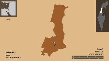 İsrail 'in HaMerkaz ilçesi ve başkenti. Uzaklık ölçeği, ön gösterimler ve etiketler. Desenli dokuların bileşimi. 3B görüntüleme