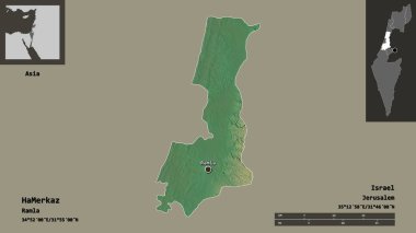 İsrail 'in HaMerkaz ilçesi ve başkenti. Uzaklık ölçeği, ön gösterimler ve etiketler. Topografik yardım haritası. 3B görüntüleme