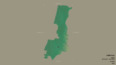 İsrail 'in HaMerkaz ilçesi, jeoreferatlı bir sınır kutusunda sağlam bir arka planda izole edilmiş. Etiketler. Topografik yardım haritası. 3B görüntüleme