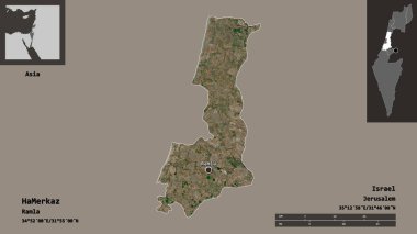 İsrail 'in HaMerkaz ilçesi ve başkenti. Uzaklık ölçeği, ön gösterimler ve etiketler. Uydu görüntüleri. 3B görüntüleme