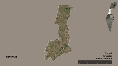 İsrail 'in HaMerkaz ilçesi, başkenti sağlam arka planda izole edilmiş. Uzaklık ölçeği, bölge önizlemesi ve etiketleri. Uydu görüntüleri. 3B görüntüleme