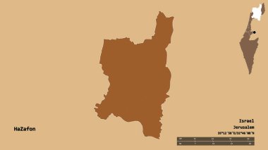 İsrail 'in HaZafon ilçesi, başkenti sağlam arka planda izole edilmiş. Uzaklık ölçeği, bölge önizlemesi ve etiketleri. Desenli dokuların bileşimi. 3B görüntüleme