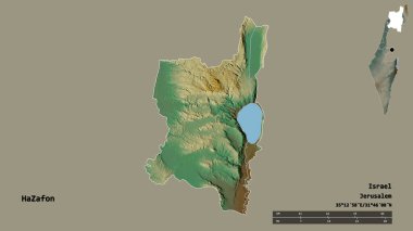 İsrail 'in HaZafon ilçesi, başkenti sağlam arka planda izole edilmiş. Uzaklık ölçeği, bölge önizlemesi ve etiketleri. Topografik yardım haritası. 3B görüntüleme