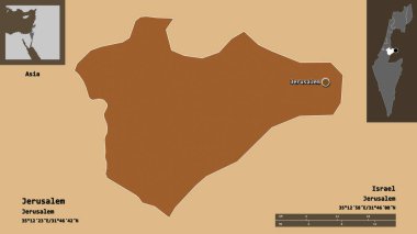 Kudüs 'ün şekli, İsrail bölgesi ve başkenti. Uzaklık ölçeği, ön gösterimler ve etiketler. Desenli dokuların bileşimi. 3B görüntüleme