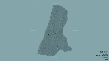 İsrail 'in Tel Aviv bölgesindeki bölge, jeoreferatlı bir sınır kutusunda sağlam bir arka planda izole edilmiş. Etiketler. Renkli yükseklik haritası. 3B görüntüleme