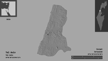 İsrail 'in Tel Aviv ilçesi ve başkenti. Uzaklık ölçeği, ön gösterimler ve etiketler. Çift seviyeli yükseklik haritası. 3B görüntüleme