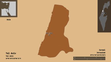 İsrail 'in Tel Aviv ilçesi ve başkenti. Uzaklık ölçeği, ön gösterimler ve etiketler. Desenli dokuların bileşimi. 3B görüntüleme