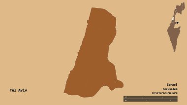 İsrail 'in Tel Aviv semti, başkenti sağlam bir zemin üzerinde izole edilmiştir. Uzaklık ölçeği, bölge önizlemesi ve etiketleri. Desenli dokuların bileşimi. 3B görüntüleme