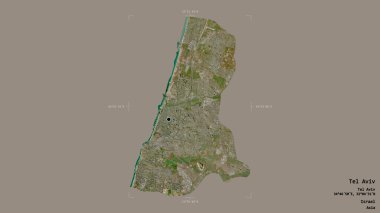 İsrail 'in Tel Aviv bölgesindeki bölge, jeoreferatlı bir sınır kutusunda sağlam bir arka planda izole edilmiş. Etiketler. Uydu görüntüleri. 3B görüntüleme