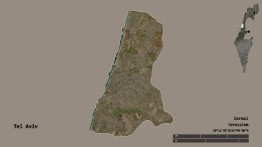 İsrail 'in Tel Aviv semti, başkenti sağlam bir zemin üzerinde izole edilmiştir. Uzaklık ölçeği, bölge önizlemesi ve etiketleri. Uydu görüntüleri. 3B görüntüleme