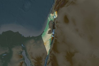 İsrail 'in biçimi, komşu bölgelerin dedoygunluğuyla ayrılır. Topografik yardım haritası. 3B görüntüleme