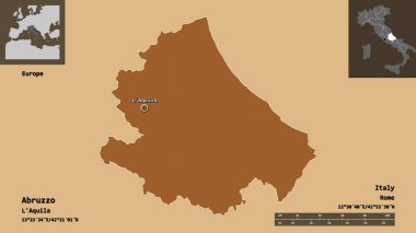 Abruzzo 'nun şekli, İtalya bölgesi ve başkenti. Uzaklık ölçeği, ön gösterimler ve etiketler. Desenli dokuların bileşimi. 3B görüntüleme