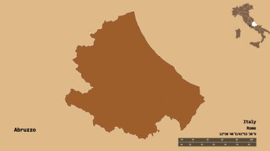 İtalya 'nın Abruzzo bölgesi, başkenti katı bir zemin üzerinde izole edilmiş. Uzaklık ölçeği, bölge önizlemesi ve etiketleri. Desenli dokuların bileşimi. 3B görüntüleme