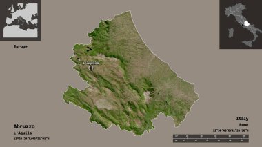 Abruzzo 'nun şekli, İtalya bölgesi ve başkenti. Uzaklık ölçeği, ön gösterimler ve etiketler. Uydu görüntüleri. 3B görüntüleme