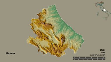 İtalya 'nın Abruzzo bölgesi, başkenti katı bir zemin üzerinde izole edilmiş. Uzaklık ölçeği, bölge önizlemesi ve etiketleri. Topografik yardım haritası. 3B görüntüleme