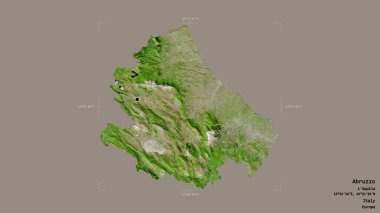İtalya 'nın Abruzzo bölgesi, katı bir arka planda jeoreferatlı bir sınır kutusunda izole edilmiş. Etiketler. Uydu görüntüleri. 3B görüntüleme