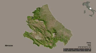İtalya 'nın Abruzzo bölgesi, başkenti katı bir zemin üzerinde izole edilmiş. Uzaklık ölçeği, bölge önizlemesi ve etiketleri. Uydu görüntüleri. 3B görüntüleme