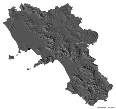 İtalya 'nın Campania bölgesi, başkenti beyaz arka planda izole edilmiş. Çift seviyeli yükseklik haritası. 3B görüntüleme