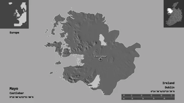 梅奥的形状 爱尔兰的县城 距离刻度 预览和标签 Bilevel高程图 3D渲染 — 图库照片