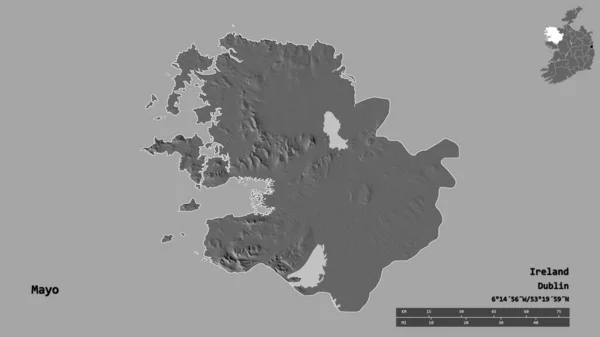 梅奥形状 爱尔兰的一个县 它的首都孤立的坚实的背景 距离尺度 区域预览和标签 Bilevel高程图 3D渲染 — 图库照片