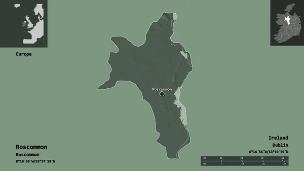爱尔兰郡罗斯康门的形状及其首府 距离刻度 预览和标签 彩色高程图 3D渲染 — 图库照片