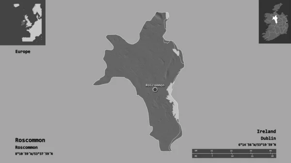 アイルランドの郡であるロスコモンとその首都の形 距離スケール プレビューおよびラベル 標高マップ 3Dレンダリング — ストック写真