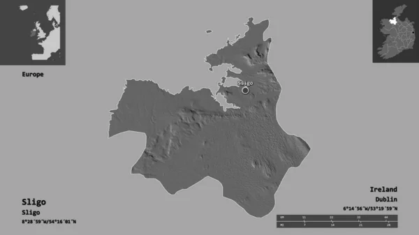 斯莱戈的形状 爱尔兰的县城 距离刻度 预览和标签 Bilevel高程图 3D渲染 — 图库照片