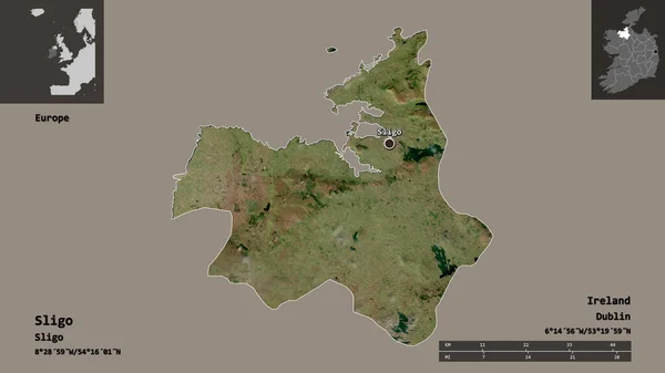 スライゴの形 アイルランドの郡とその首都 距離スケール プレビューおよびラベル 衛星画像 3Dレンダリング — ストック写真