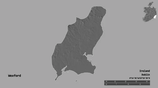 爱尔兰Wexford县的形状 其首府在坚实的背景上与世隔绝 距离尺度 区域预览和标签 Bilevel高程图 3D渲染 — 图库照片