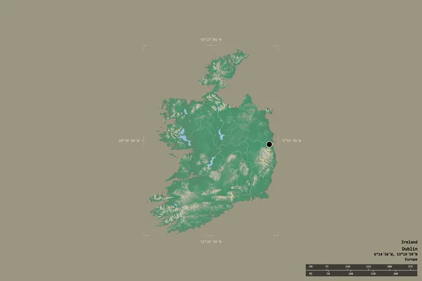 Area of Ireland isolated on a solid background in a georeferenced bounding box. Main regional division, distance scale, labels. Topographic relief map. 3D rendering