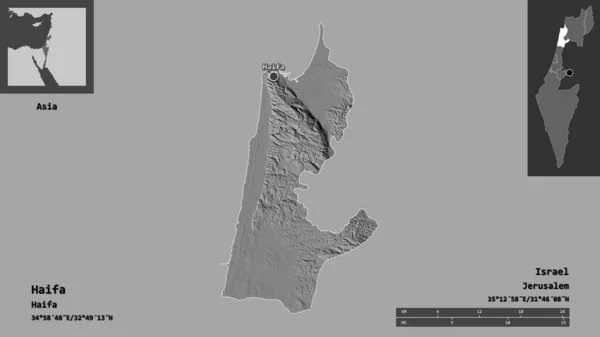 ハイファの形 イスラエルの地区 およびその首都 距離スケール プレビューおよびラベル 標高マップ 3Dレンダリング — ストック写真