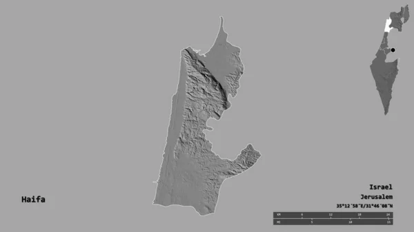 イスラエルの首都ハイファの形は しっかりとした背景に隔離されています 距離スケール リージョンプレビュー およびラベル 標高マップ 3Dレンダリング — ストック写真