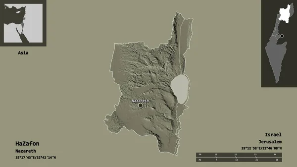 以色列的Hazafon区的形状和它的首都 距离刻度 预览和标签 彩色高程图 3D渲染 — 图库照片