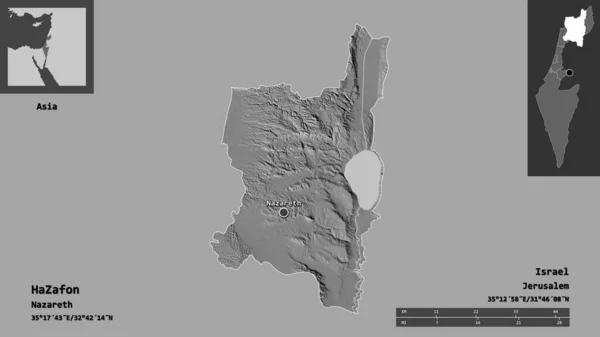 以色列的Hazafon区的形状和它的首都 距离刻度 预览和标签 Bilevel高程图 3D渲染 — 图库照片